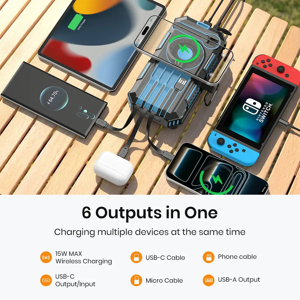 FEELLE Plastic Solar Power Bank - 50000Mah Wireless Portable Charger for Phones, Built-In 4 Cables & Hand Crank, PD QC 3.0 Fast Charging USB-C Mobile Accessories Battery Pack with Flashlight for Camping
