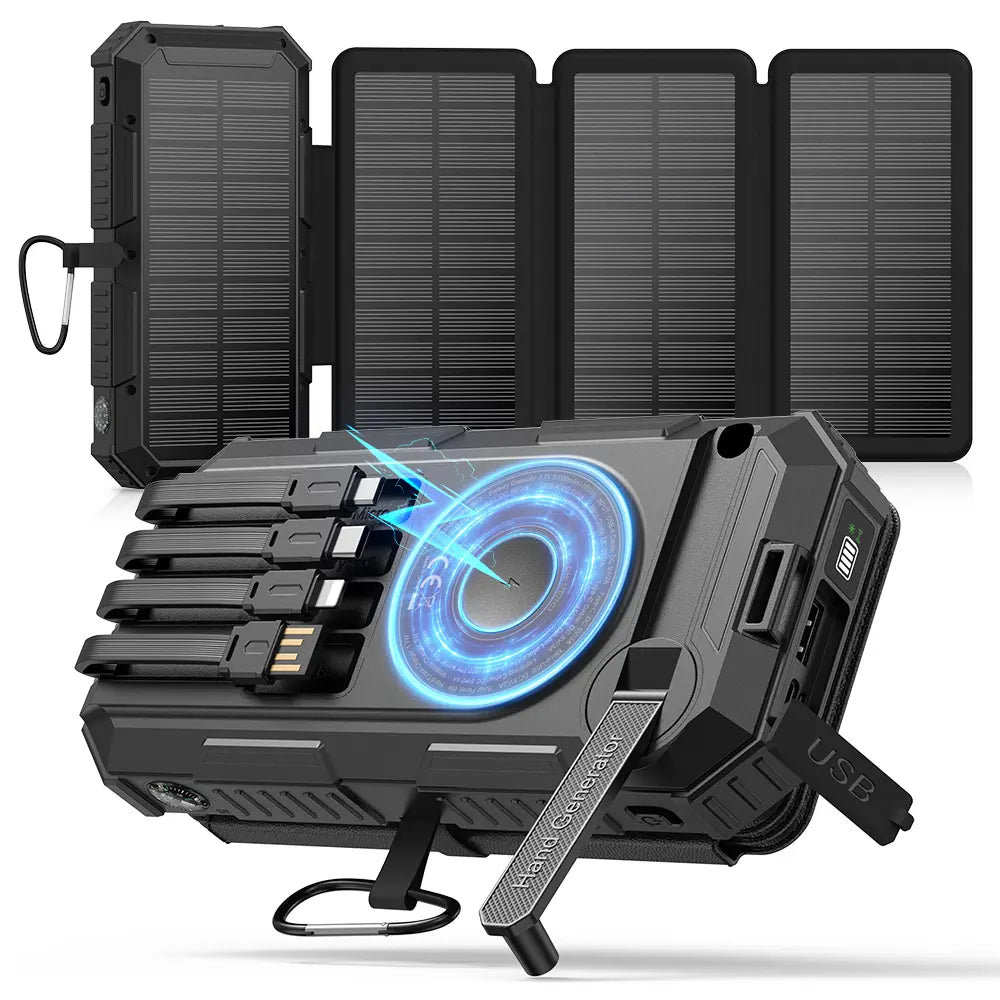 FEELLE Plastic Solar Power Bank - 50000Mah Wireless Portable Charger for Phones, Built-In 4 Cables & Hand Crank, PD QC 3.0 Fast Charging USB-C Mobile Accessories Battery Pack with Flashlight for Camping