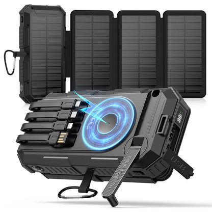 FEELLE Plastic Solar Power Bank - 50000Mah Wireless Portable Charger for Phones, Built-In 4 Cables & Hand Crank, PD QC 3.0 Fast Charging USB-C Mobile Accessories Battery Pack with Flashlight for Camping