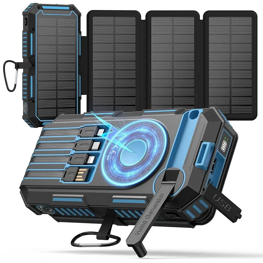 FEELLE Plastic Solar Power Bank - 50000Mah Wireless Portable Charger for Phones, Built-In 4 Cables & Hand Crank, PD QC 3.0 Fast Charging USB-C Mobile Accessories Battery Pack with Flashlight for Camping