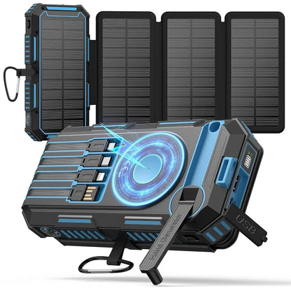 FEELLE Plastic Solar Power Bank - 50000Mah Wireless Portable Charger for Phones, Built-In 4 Cables & Hand Crank, PD QC 3.0 Fast Charging USB-C Mobile Accessories Battery Pack with Flashlight for Camping