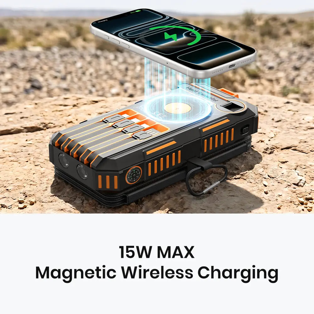 FEELLE Plastic Solar Power Bank - 50000Mah Wireless Portable Charger for Phones, Built-In 4 Cables & Hand Crank, PD QC 3.0 Fast Charging USB-C Mobile Accessories Battery Pack with Flashlight for Camping