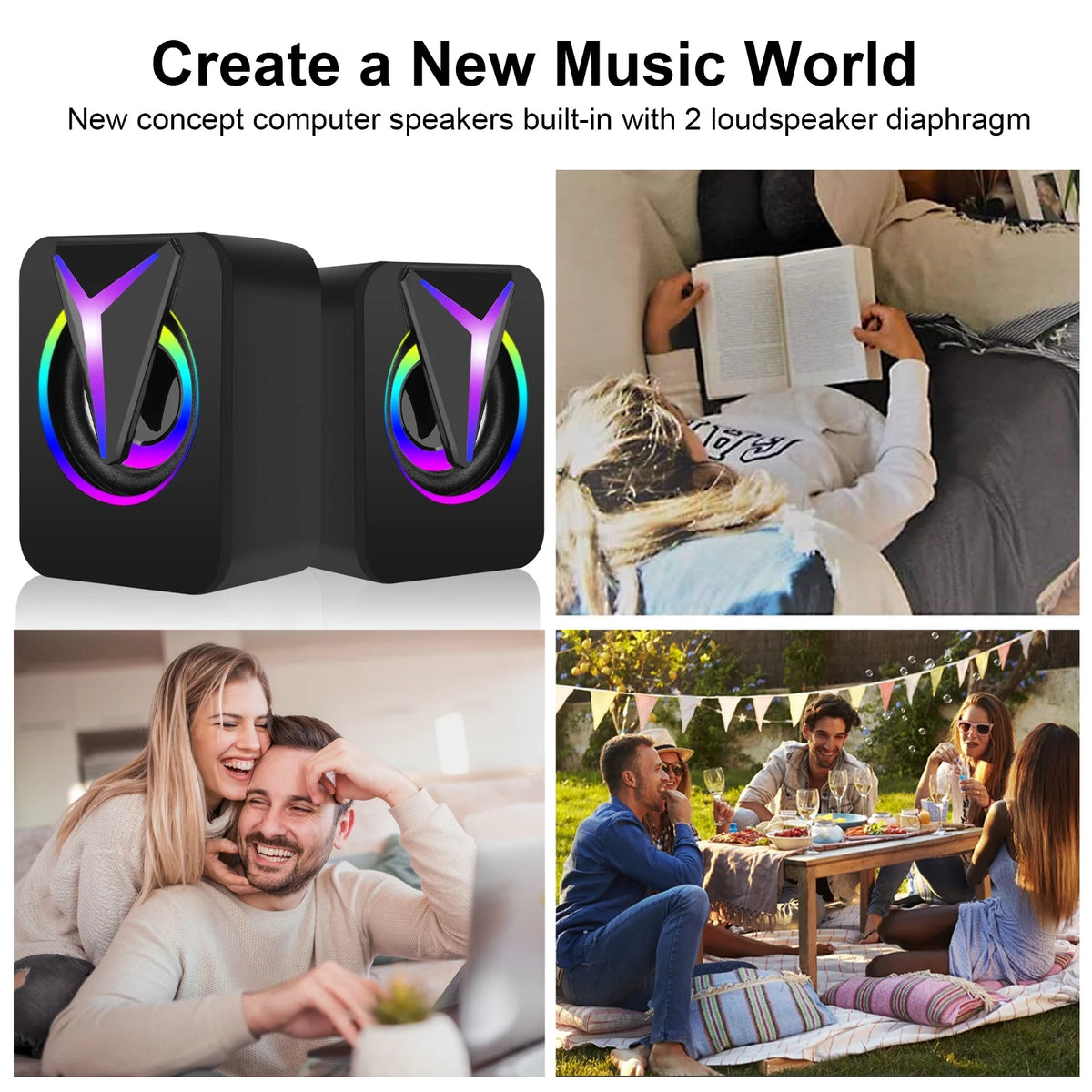 Computer Speakers for Laptop,  2.0 Stereo Portable RGB Gaming Speaker Wired External Desktop Speaker, Mini USB Powered Speaker for Desktop TV Monitor PC Notebook Tablets