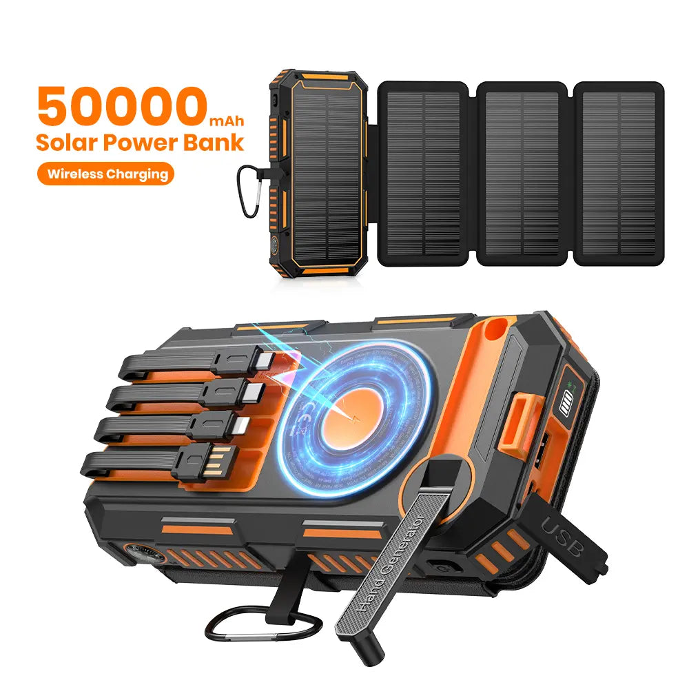 FEELLE Plastic Solar Power Bank - 50000Mah Wireless Portable Charger for Phones, Built-In 4 Cables & Hand Crank, PD QC 3.0 Fast Charging USB-C Mobile Accessories Battery Pack with Flashlight for Camping