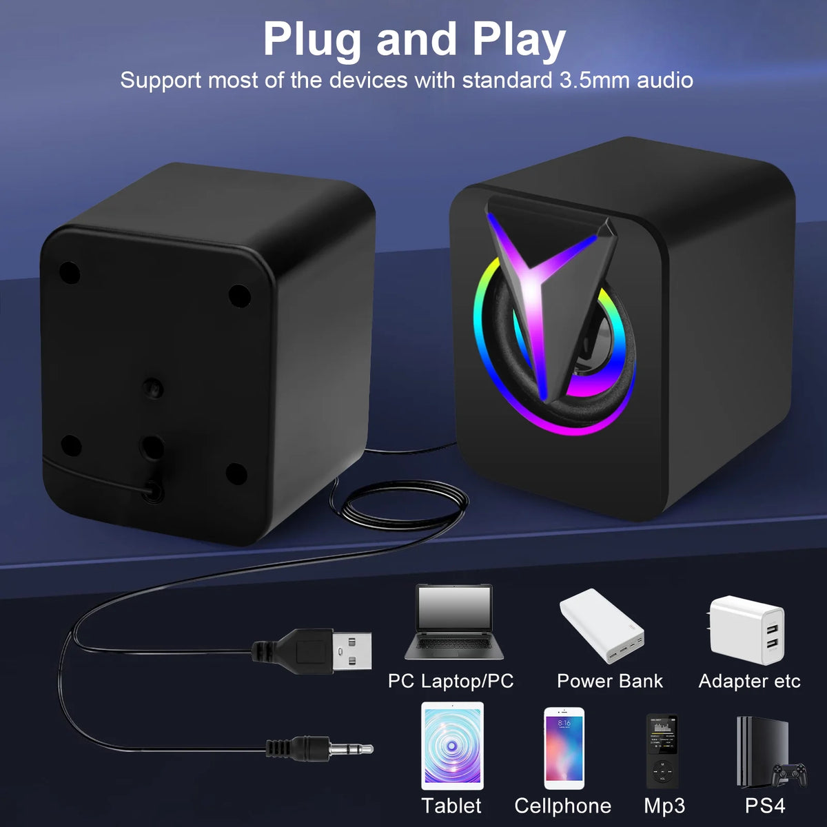 Computer Speakers for Laptop,  2.0 Stereo Portable RGB Gaming Speaker Wired External Desktop Speaker, Mini USB Powered Speaker for Desktop TV Monitor PC Notebook Tablets