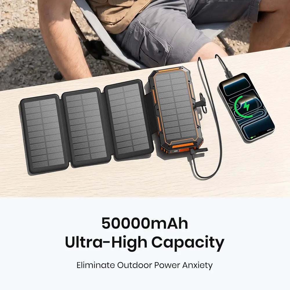 FEELLE Plastic Solar Power Bank - 50000Mah Wireless Portable Charger for Phones, Built-In 4 Cables & Hand Crank, PD QC 3.0 Fast Charging USB-C Mobile Accessories Battery Pack with Flashlight for Camping