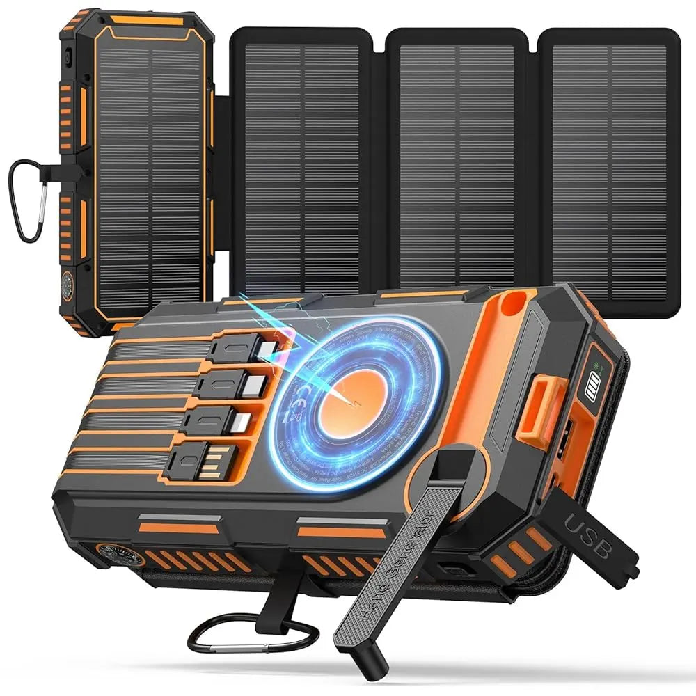 FEELLE Plastic Solar Power Bank - 50000Mah Wireless Portable Charger for Phones, Built-In 4 Cables & Hand Crank, PD QC 3.0 Fast Charging USB-C Mobile Accessories Battery Pack with Flashlight for Camping