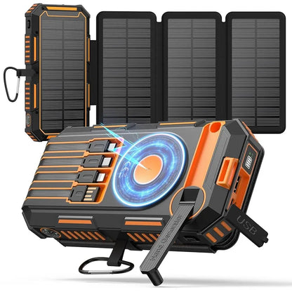 FEELLE Plastic Solar Power Bank - 50000Mah Wireless Portable Charger for Phones, Built-In 4 Cables & Hand Crank, PD QC 3.0 Fast Charging USB-C Mobile Accessories Battery Pack with Flashlight for Camping