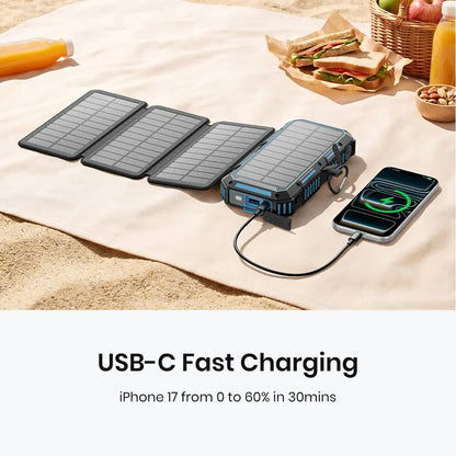 FEELLE Plastic Solar Power Bank - 50000Mah Wireless Portable Charger for Phones, Built-In 4 Cables & Hand Crank, PD QC 3.0 Fast Charging USB-C Mobile Accessories Battery Pack with Flashlight for Camping