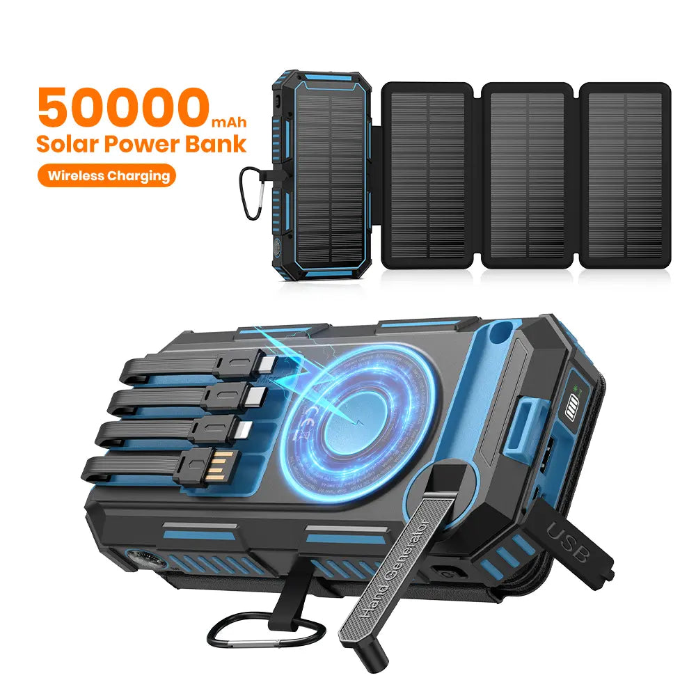 FEELLE Plastic Solar Power Bank - 50000Mah Wireless Portable Charger for Phones, Built-In 4 Cables & Hand Crank, PD QC 3.0 Fast Charging USB-C Mobile Accessories Battery Pack with Flashlight for Camping
