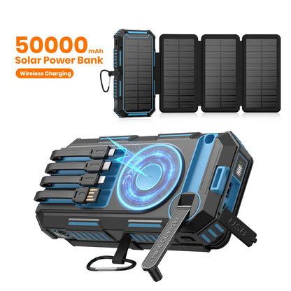 FEELLE Plastic Solar Power Bank - 50000Mah Wireless Portable Charger for Phones, Built-In 4 Cables & Hand Crank, PD QC 3.0 Fast Charging USB-C Mobile Accessories Battery Pack with Flashlight for Camping